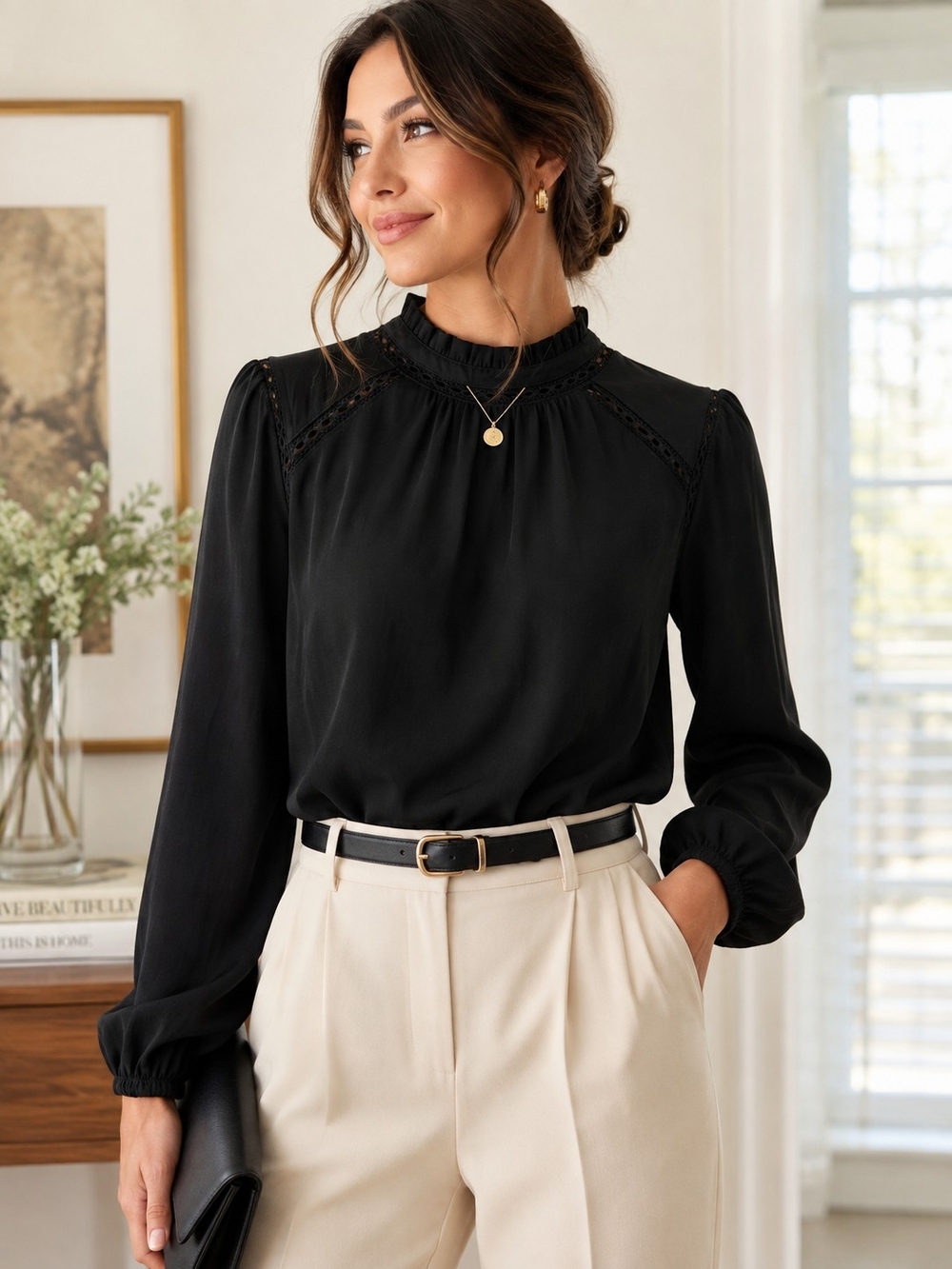 LOFT Black Lace Trim Ruffle Neck Blouse Long Sleeve Top S